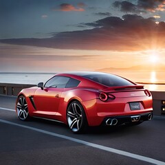 Plakat Red sport car on the road at sunset 3d render (Ai Generated)
