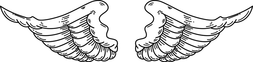 illustration of a pair of wings in black and white,  done in a tattoo-style. Angel wings. illustration of bird wings.