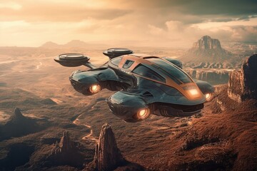 Fototapeta na wymiar Atmospheric scene featuring a futuristic flying car soaring through the sky. Generative AI