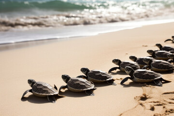 Fototapeta na wymiar A group of sea turtles on the beach representing conservation and environmental awareness