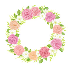 Wreath frame of roses such as dull pink drawn with digital watercolor