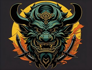 Oni head with animal type japanese style artwork creating by ai generative tools