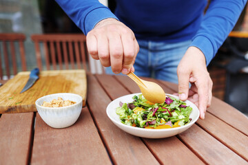 Close up of chef mixed vegetables in the plate