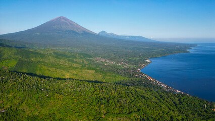 Aerial view of Amed. Amed is a 14-km strip of fishing villages in Karangasem Regency on the east coast of Bali, Indonesia.	