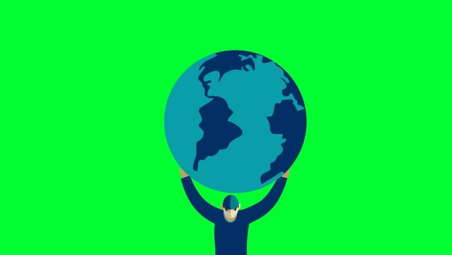 3d rendered animation of a holding a globe on a green screen background