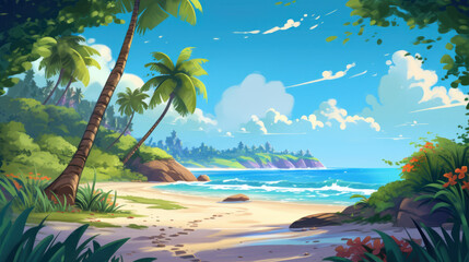 Fototapeta na wymiar Tropical Summer beach. Palms and plants around. Cartoon illustration. Summer vacation on sea coast. generative AI.