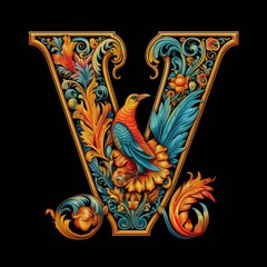 The Letter 'V'  in Mexican style abstract floral design element with a bird  generative ai