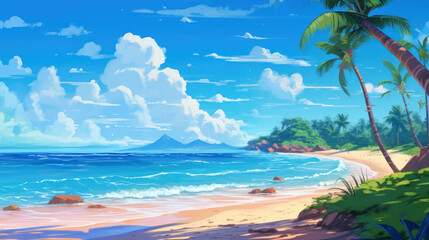 Obraz na płótnie Canvas Tropical Summer beach. Palms and plants around. Cartoon illustration. Summer vacation on sea coast. generative AI.