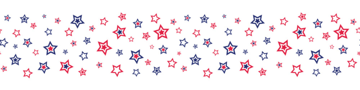 Patriotic seamless border with red and blue stars for 4th of July holiday. Vector illustration. Isolated on white background.