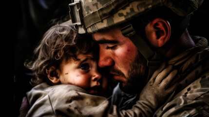 Obraz na płótnie Canvas A touching moment of a small child, crying as he clings to his soldier father before he leaves for duty. Their shared sorrow etched into the air, a tender farewell when duty's call. Generative AI