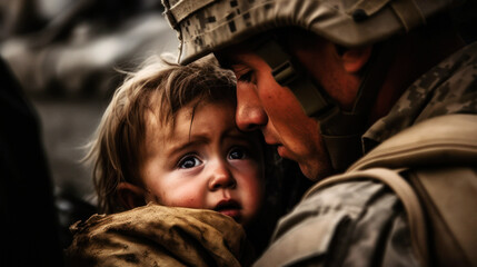 A touching moment of a small child, crying as he clings to his soldier father before he leaves for duty.  Their shared sorrow etched into the air, a tender farewell when duty's call. Generative AI