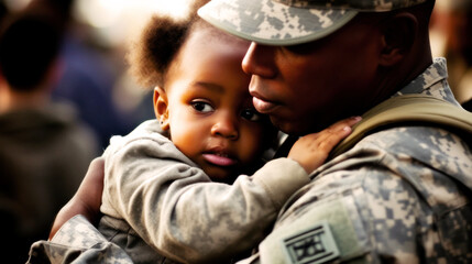 A touching moment of a small child, crying as he clings to his soldier father before he leaves for duty.  Their shared sorrow etched into the air, a tender farewell when duty's call. Generative AI