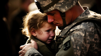 A touching moment of a small child, crying as he clings to his soldier father before he leaves for duty.  Their shared sorrow etched into the air, a tender farewell when duty's call. Generative AI