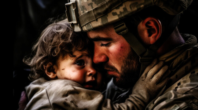 A touching moment of a small child, crying as he clings to his soldier father before he leaves for duty.  Their shared sorrow etched into the air, a tender farewell when duty's call. Generative AI