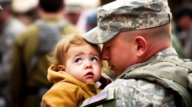 A touching moment of a small child, crying as he clings to his soldier father before he leaves for duty.  Their shared sorrow etched into the air, a tender farewell when duty's call. Generative AI