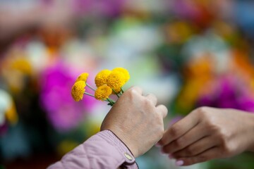 someone is giving a bouquet of yellow flowers to another person