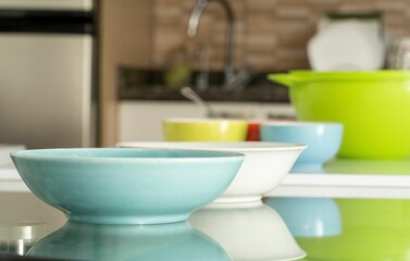 Modern kitchen countertop with blue and white bowls