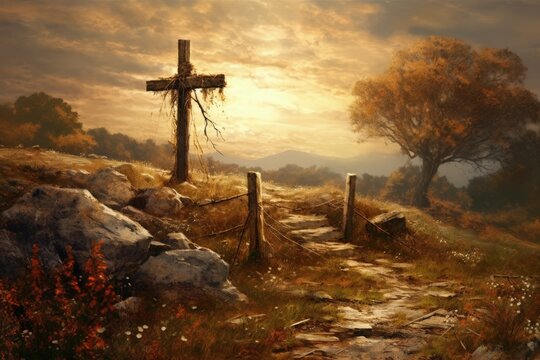 Christian cross on the grave of jesus christ on the mountain, generative ai