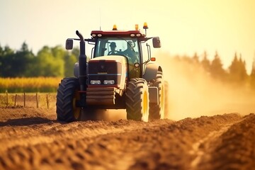 Obraz premium AI Generated. Elevated View of Agricultural Tractor Tilling Fields in Farmland. Focus on Wheels. Brightly Lit Distant Composition of Rural Farming. AIEnhanced Agricultural Technology.