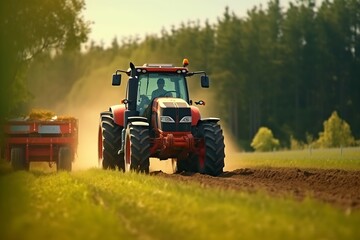 Fototapeta premium AI Generated. Elevated View of Agricultural Tractor Tilling Fields in Farmland. Focus on Wheels. Brightly Lit Distant Composition of Rural Farming. AIEnhanced Agricultural Technology.