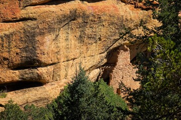 Historic Spruce Tree House Ruins under a gigantic cliff in Mesa Verde, Colorado