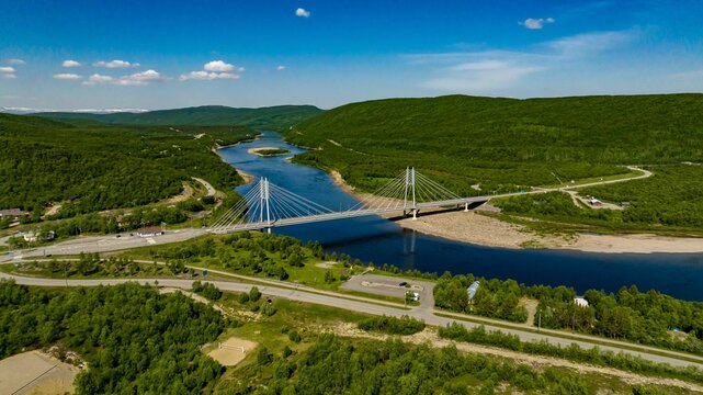 Sami Bridge and Teno river, in sunny Utsjoki, Finland