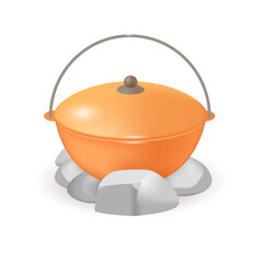 Orange camping cauldron on bonfire 3D illustration. Cartoon drawing of pot for cooking food outdoors or in nature in 3D style on white background. Camping, food, recreation concept