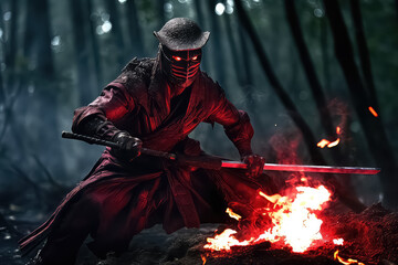 samurai with fire blade in japan, AI