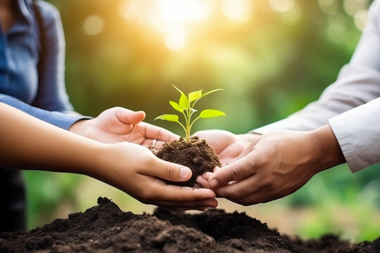 Businessmen and community together planting trees for sustainable development goals. Companies  and corporations that care about the environment and ecosystem. Generative AI