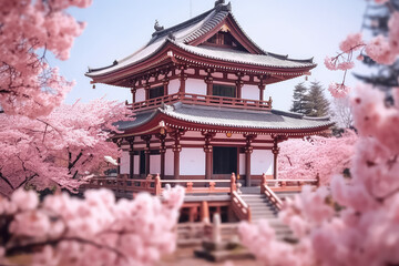 Traditional japanese architecture, shrine in tokyo japan with sakura and tree during spring season, AI