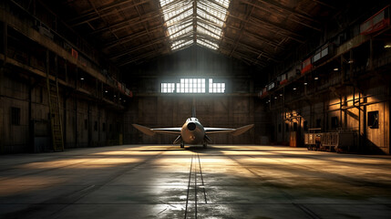 Empty old military hangar or warehouse storage hall Generative AI - obrazy, fototapety, plakaty