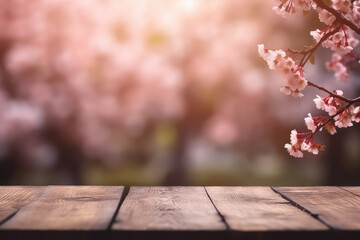 Naklejka na ściany i meble Empty wooden table with sakura and bokeh outdoors, mockup template for product display, AI