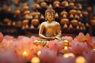 A statue of Buddha and a water lotus stands near flowers on a bokeh background, AI