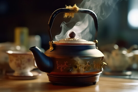 Traditional Japanese herbal tea made in a cast iron teapot with organic dry herbs, AI