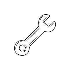 Wrench construction tool doodle icon. Hand drawn wrench. Doodle repair icon in vector