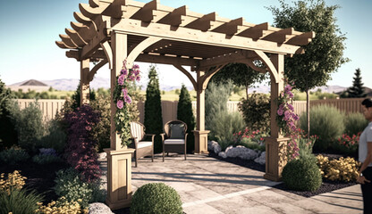 wooden pergola outdoor garden cedar ideas beautiful image Ai generated art - obrazy, fototapety, plakaty