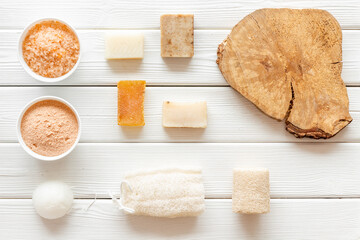 Bathing spa set with massage sponges and sea salt