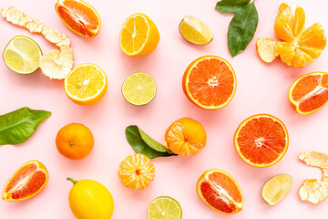 Many different citrus fruits layout pattern, top view
