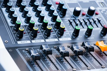 Closeup shot of the Sound engineering instrument, soundboard equalizer