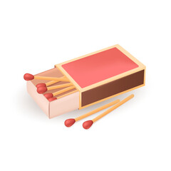 Matches in red box for bonfire 3D illustration. Cartoon drawing of matchbox for making fire during picnic, camping or hiking trip in 3D style on white background. Camping, recreation concept