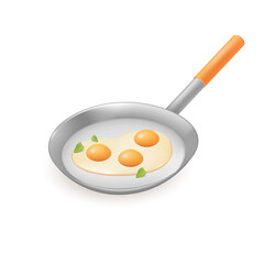 Camping pan with scrambled eggs 3D illustration. Cartoon drawing of fried eggs or tasty meal made during picnic or camping trip in 3D style on white background. Camping, food, recreation concept