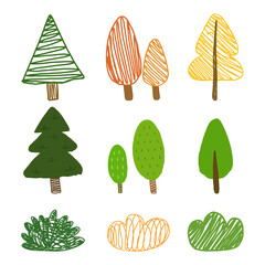 Set of cute tree doodle handdrawn. elements of nature