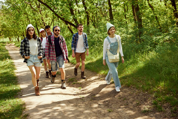 Group of young people, friends in stylish comfortable clothes walking the forest path, going hiking...