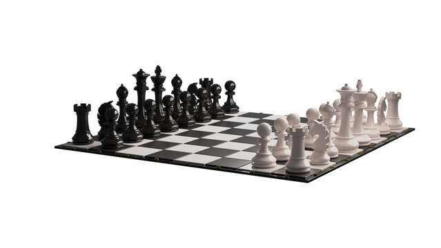 Chess pieces on the board in the starting position. Isolated. Transparent background. 3D Rendering.	