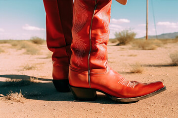 Red cowboy boots on the ground film photo