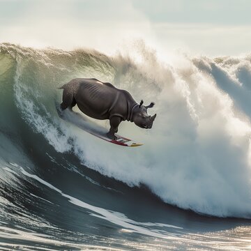 Image of a rino surfing a huge wave on a surfboard in the ocean.