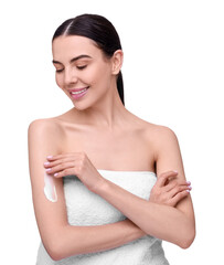 Obraz na płótnie Canvas Beautiful woman with smear of body cream on her arm against white background