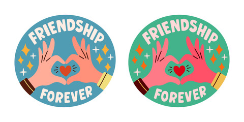 Set of stickers about friends and friendship. Collection of hand drawn lettering