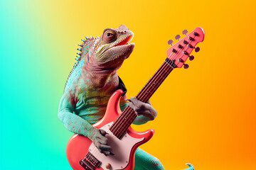 A chameleon lizard musician playing guitar in a band. Generative ai - obrazy, fototapety, plakaty
