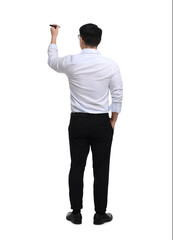 Businessman with marker writing on white background, back view